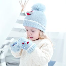 Winter Warm Baby Cartoon Plane Knitted Hat Mitten Set Child Babies Wool Ball Hats Beanie Gloves Kids Hat + Gloves 2pcs/set