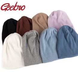 Geebro Women Fashion Stretch Ribbed Slouchy Beanies Hat Men Winter Autumn Baggy Spring Striped Knitted Skullies Warm Gorros Caps 211228