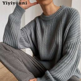 Yiyiyouni Vintage Oversized Knitted Sweater Women Elegant Thick Loose Sweater Pullovers Female Korean Fashion Solid Knitted Tops 211221