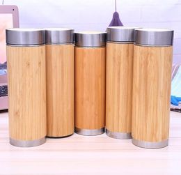 Bamboo Stainless Steel Water Bottle Vacuum Insulated Coffee Travel Vacuum Cup With Tea Infuser Strainer 450ml Wholesale