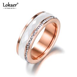 Lokaer Classic Titanium Steel White Ceramics Ring Jewellery Rose Gold CZ Crystal Wedding Engagement Rings For Women Anneaux R18056 J1225