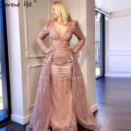 Serene Hill Pink Long Sleeves Dubai Evening Dress 2020 Mermaid V-Neck Beading Sequined Sexy Formal Party Wear Gown LJ201120