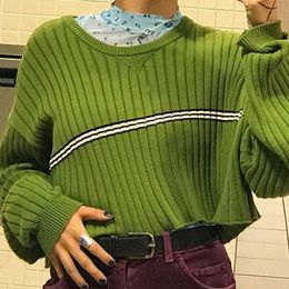 Green Cropped Ribbed Sweater with Contrast Stripe Harajuku Oversized Jumper Knit Top For Women / LJ201112
