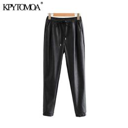 Vintage Stylish Pu Leather Pockets Pants Women Fashion Elastic Waist Drawstring Tie Ankle Trousers Pantalones Mujer 201106