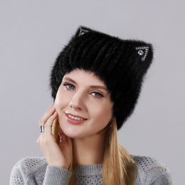 Winter Mink fur Cute cat ears Square cap With Sequins Warm Winter For Women Real Natural Mink Fur Vertical Weaving Winter Hat Y200102