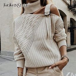 TWOTWINSTYLE Elegany Asymmetrical Women Sweater Turtleneck Long Sleeve Hollow Out Irregular Striped Knitting Sweaters For Female 201222