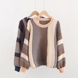 New Women Sweater Winter Warm Knitted Loose Jumper Tops Fashion Color Block Pullovers Lantern Sleeve Stripe Sweaters 201030