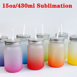 8 Color 430ml Sublimation Frosted Tumbler with Lid Straw Gradient Straight Water Bottles DIY Heat Transfer Wine Cups