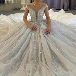 Bridal Gown 2022 Luxury A-line Lace Wedding Dress Illusion V-neck Beading Pearls Crystal vestidos de noiva robe de mariee