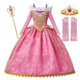 MUABABY Girls Deluxe Sleeping Beauty Princess Costume Long Sleeve Pageant Party Gown Children Fancy Dress Up Frocks 3- LJ200923