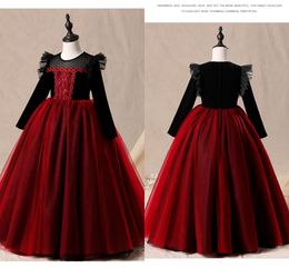 Black And Red Long Sleeve First Holy Communion Dresses Winter Fall For Little Girls Party Gowns Jewel Princess Ball Gown Girls Pageant Dress