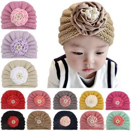 Baby Girls Knit Hats 13 Colors Ribbon Plate Flower Crochet Hats Newborn Hat Boys Winter Caps