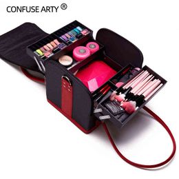 Nxy Cosmetic Bags New Pu Leather Makeup Bag Large Capacity Professional Travel Tattoo Beauty Tool Box 220303