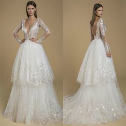Glitter A Line Wedding Dresses Ruched Tiered Tulle Sequins Appliqued Lace Bridal Gowns High V Neck Long Sleeves Noble Robes De Mariée