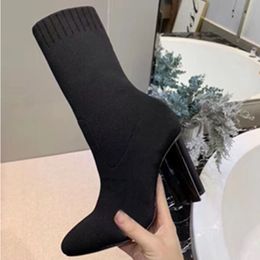 Top quality womens knitted socks boots spring and autumn latest high heels pure black fashion letters luxury designer thick knee elastic shoes original size 35-41