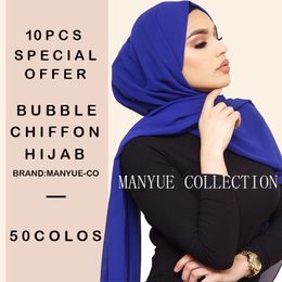 10pcs/lot Women Chiffon Scarf Plain Bubble Chiffon Hijab Wrap Solid Colour Head Shawls Headband Muslim Hijabs Scarves Bandanas 201006