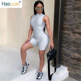 ZOOEFFBB Streetwear Silver Gray Bodycon Playsuits Womens Overalls Front Zipper One Piece Sleeveless Sexy Shorts Rompers Jumpsuit T200704