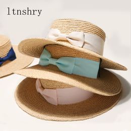 Summer Women Sun Hats Ribbon hat Bow Brand New Flat Top Raffia Straw Hat Holiday Female Beach Hats Sombrero Mujer Verano Y200602