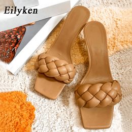 Eilyken Fashion Womens Slides Low Heel Elegant Ladies Dance Shoes Summer Open Toe Slippers Weave Leather Sandales Femmes X1020