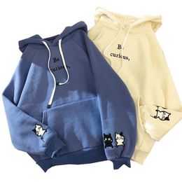 Hoodies Womens Hooded Solid Thicker Plus Velvet Warm Cartoon Letter Embroidered Pockets Women Hoodie All-match Soft Leisure Chic 201102