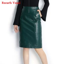 RYS8345 Winter NEW OL Genuine Leather Midi Long Wrap Skirt Ladies Elegant Simple Dark Green/Black/Pink/Blue Sexy Jupe Mujer Saia T200113