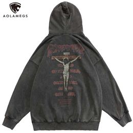 Aolamegs Hoodie Sweatshirts Men Retro Jesus Print Big Pocket Pullover Loose Distressed Punk Hipster High Street Style Streetwear 220114