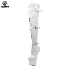 jialuowei High Leg Boots Lace up Extreme High Heel Fetish Heelless Horse Stallion Hoof Sole over knee boots crotch high boots Y200723
