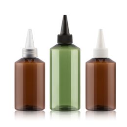 30pc 150ml 200ml brown green liquid plastic container with pointed mouth cap,lotion bottles screw cap,cosmetic packaging