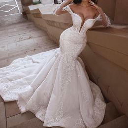 Luxury Beads Mermaid Gown Wedding Dress 2021 Sexy Deep V Neck Tulle Hollow Sleeves Lace Appliques Bridal Gowns Custom Made