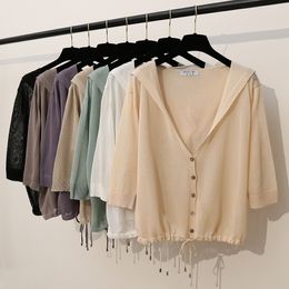 Hooded Thin Sweater Cardigan Women Silk Linen Spring Summer Lace Up V-neck Short Design Loose Cape Cardigans Outerwear Female 201111