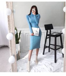 New design women's turtleneck long sleeve coarse wool knitted solid color thickening warm back vent jag midi long sweater dress SML