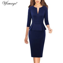 Vfemage Womens Autumn Front Zipper Peplum Solid Colorblock Contrast Work Business Office Party Sheath Bodycon Pencil Dress 671 201028