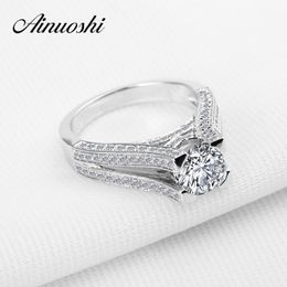 AINOUSHI Luxury Wedding Ring 1 Carat Sona Round Cut High Setting Ring Genuine 925 Sterling Silver Ring for Women Engagement Love Y200106