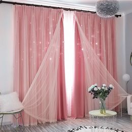 Pink Curtain for Bedroom Living Room Korean Style Double-layer Sets Blackout Lace Hollow Stars Curtain for Princess Room LJ201224