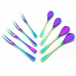 Stainless Steel Rainbow Dessert Fork Mirror Polished Cake Fruit Fork Ice-cream Salad Scoop Afternoon Tea Dinnerware Set 8pcs/Set Y200610