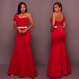 Red Maxi Dress Slim One Shoulder Party Celebrate Occassion Bodycon Evening Club Women Robes Christmas Dresses Female Night Out T200604