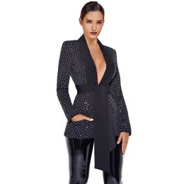 Ocstrade Black V Neck Long Sleeve Mini Tie Rhinestone Bodycon Jacket FLY19245-Black 201112