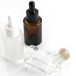 30ML Glass Bottle Party Favor Flat Shoulder Frosted/Transparent/Amber Round Essential Oil Serum Bottles With Glasses Dropper Cosmetic Essence