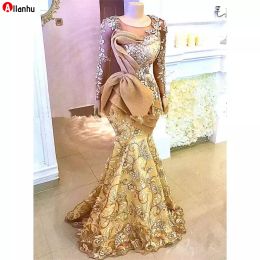 NEW! Gold Aso Ebi Mermaid Evening Dresses Long Sleeves Sheer Neck Sweep Train Plus Size Floral Lace Prom Party Gowns For Arabic Women 2022