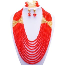 -Yulaili Afrikanische Perlen rote Farbe Halskette Ohrringe Armband-handgemachte Kette Brautschmuck Sets Vintage Mode Frauen Schmuck Accessoires