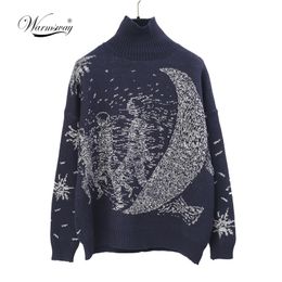 Turtleneck Sweater Women 2021 Winter Thick Runway Design Galaxy Moon Oversized Casual Pullover Knit Jumper Plus Size C-122 210203