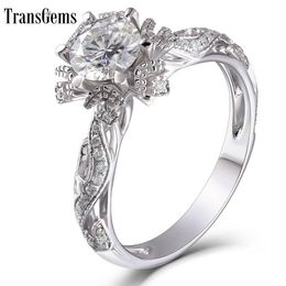 TransGems Solid 14K White Gold Center 1ct 6.5mm FG Color Lab Grown Moissanite Engagement Ring with Accent for Women Wedding Gift Y200620