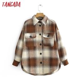 Tangada Women brown plaid thick Coats Jacket Loose Long sleeves pocket Ladies Elegant Autumn Winter coat 3R7 201112