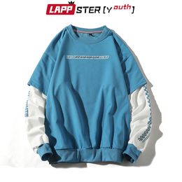 LAPPSTER-Youth Men Plaid Side Striped Sweatshirts Pullover Man Fake Two Pieces Harajuku Hoodies Male Japan Hip Hop Clothes 201021