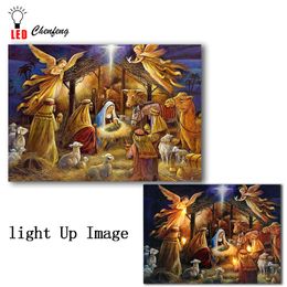 Led canvas printing wall decorative jesus birth night oil Painting on Canvas light up poster and print decor hot sale cheap Y200102
