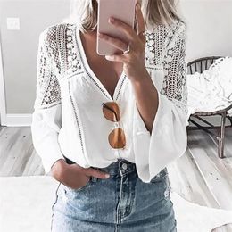 TEELYNN White lace blouse Top vintage V Neck Flare Sleeve Hollow Summer blouse shirt Casual boho blusas plus size 220311