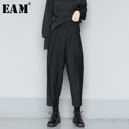 [EAM] High Waist Black Split Joint Pleated Long Wide Leg Trousers New Loose Fit Pants Women Fashion Spring Summer 1U360 201031