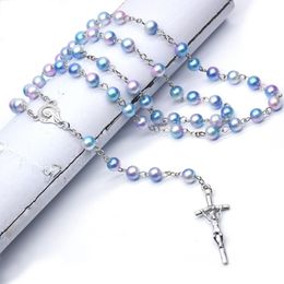 New Religious Jewelry Colorful Plastic Rosary Necklace Metal Cross Catholic Necklace