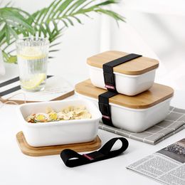 Baispo Bamboo Cover Lunch Box Japanese-style Ceramic Microwavable Sealed Food Container Adult Bento Box Refrigerator Storage Box T200710