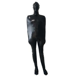 Catsuit Costumes Men's black shiny metallic spandex zentai catsuit With inner sleeve adult cosplay split leg mummy Fancy Dress